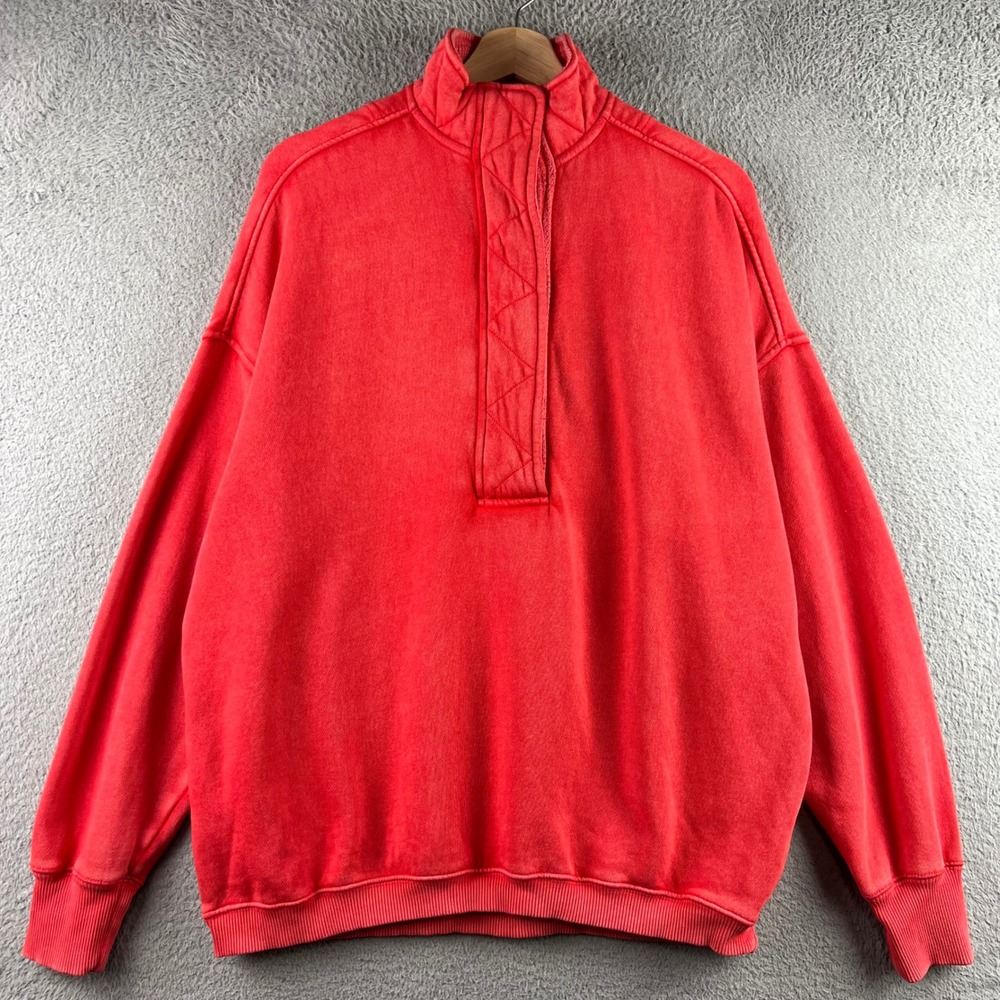 Aerie Womens Red Acid Wash Quilted Snap Neck Oversized Sweatshirt XS